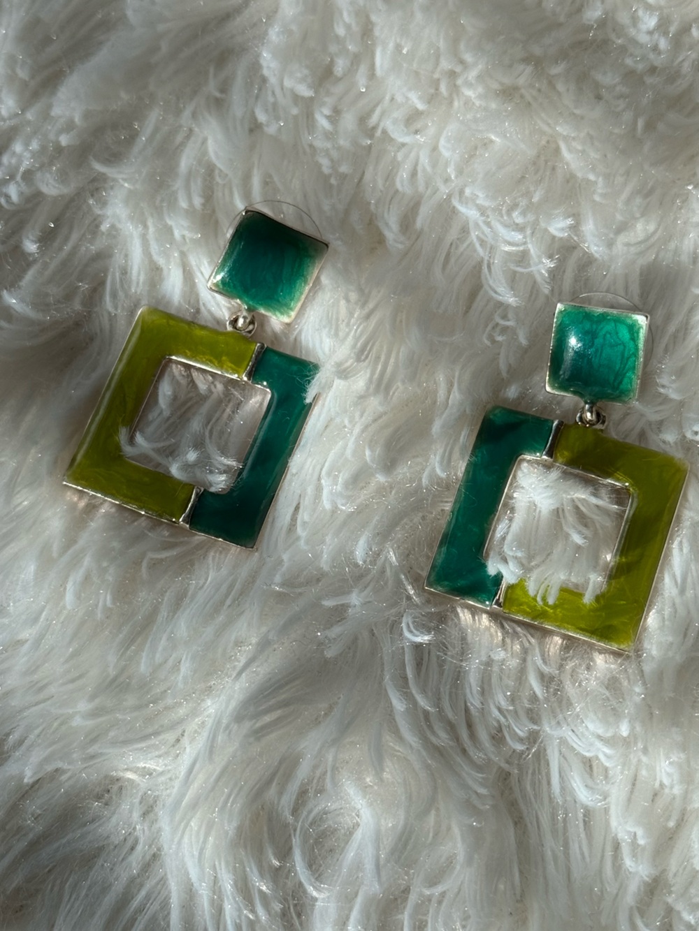 Green Two-Tone Square Drop Earrings